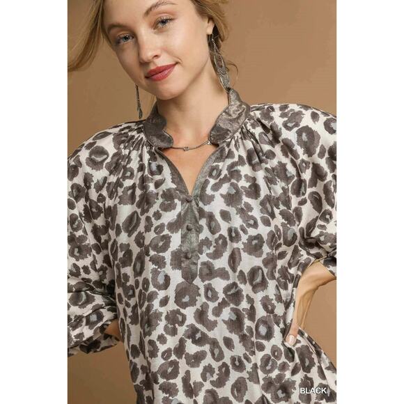 UMGEE Women's Leopard Print Tiered Mini Dress Long Sleeve Ruffle Hem Boho Chic - Picture 5 of 5